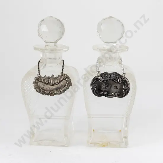 Pair Late Vict Cut Glass Decanters & Stoppers With Gin & Sherry Labels
