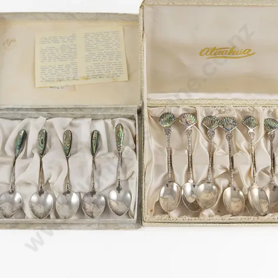2 Boxed Sets Of 6 NZ S/S & Paua Shell Coffee Spoons