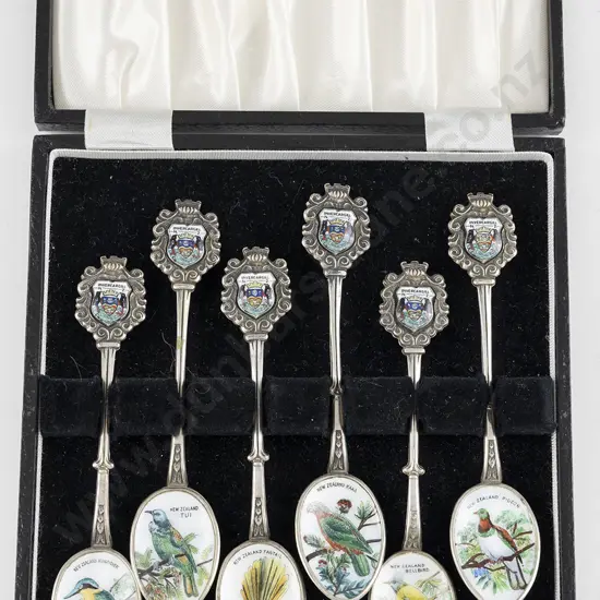 Boxed Set Six NZ S/S & Enamel Souvenir Spoons
