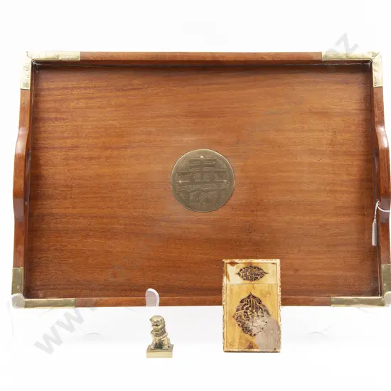 A Chinese Hardwood Tray And Brass Lion Dog Seal