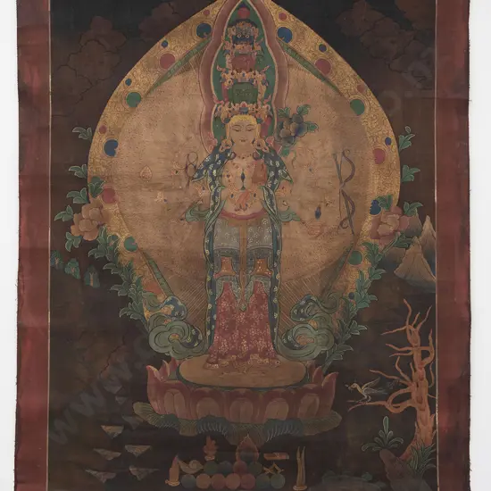 Tibetan Thangka Painted With The Buddha Of Compassion Chenrezig (Avalokiteshvara)