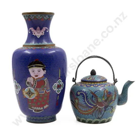 Chinese Cloisonné Tea Pot Together With A Cloisonné Vase
