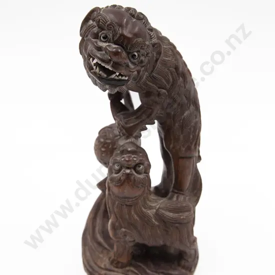 A Chinese Carved Wood Lion Foo Guardian Dog And Cub With a Brocade ball