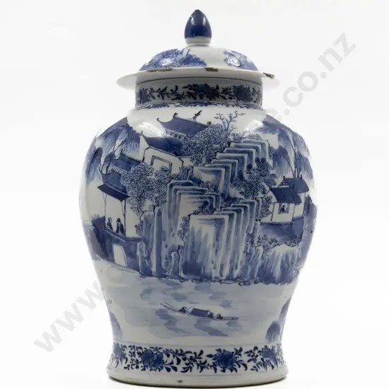 A Late Chinese 19th Century Lidded Blue And White Porcelain Vase