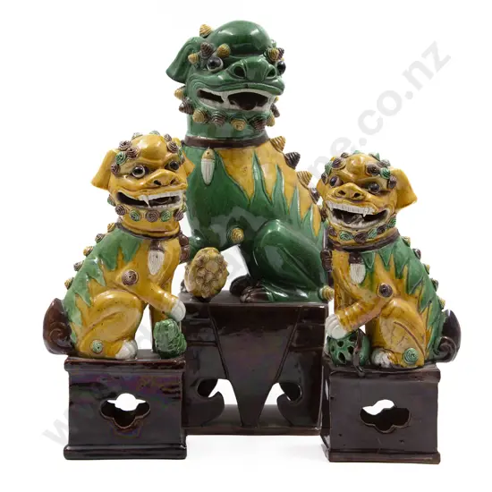 A Large Decorative Chinese Buddhist Temple Lion Dog Together With A Pair Of Lion Dogs