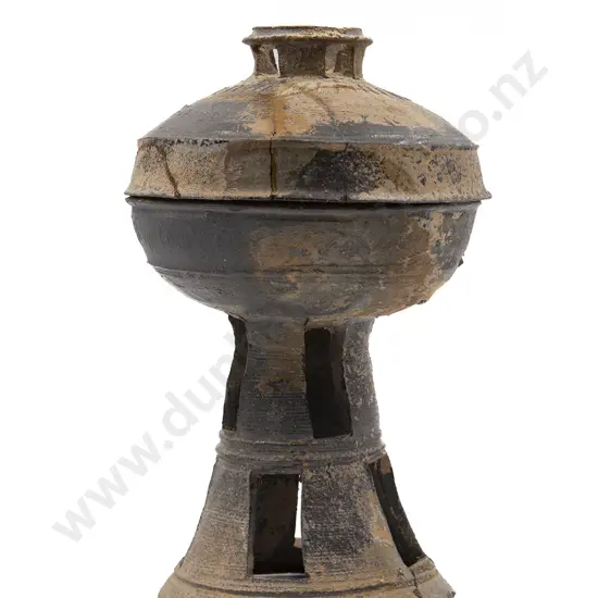 A Korean Silla Period (668-936) Lidded Earthenware Pedestal Bowl  Repaired  27 cm height