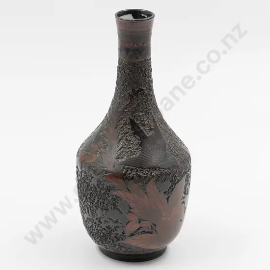 Fine Japanese Meiji Period Cinnabar Lacquer Over Porcelain Vase