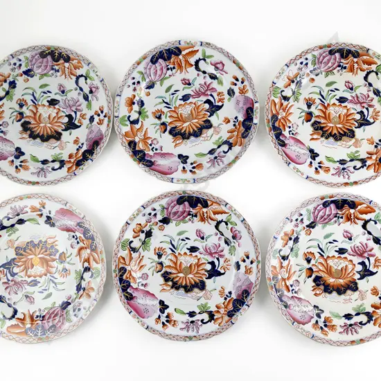 Six Early C19th Hicks & Meigh Ironstone Dinner Plates Water Lily No 5