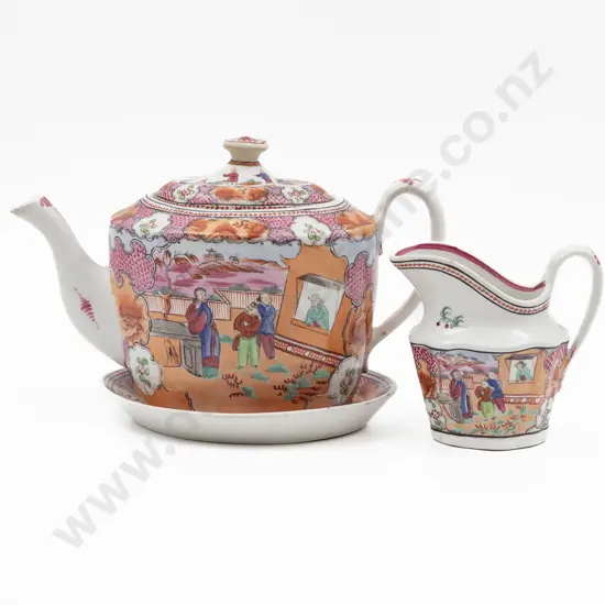 Early C19th English Chinese Famille Rose Teapot on Oval Stand