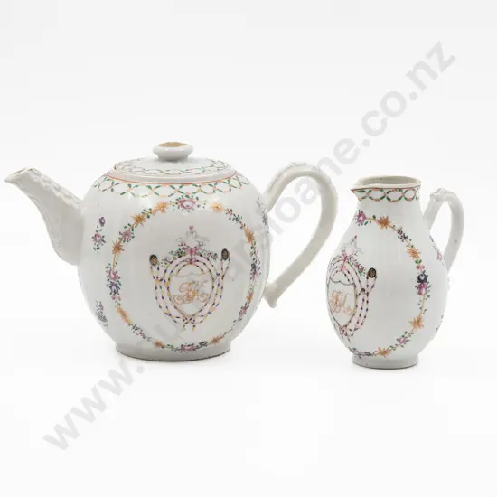 Late C18th/C19th Chinese Export Ware Armorial Teapot and Jug