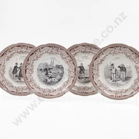 Set Of Four C19th Gien "Boufonneries" Transfer Printed Side Plates