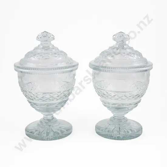 Attractive Pair Of Possibly Irish C19th Glass Sweetmeat Jars & Covers