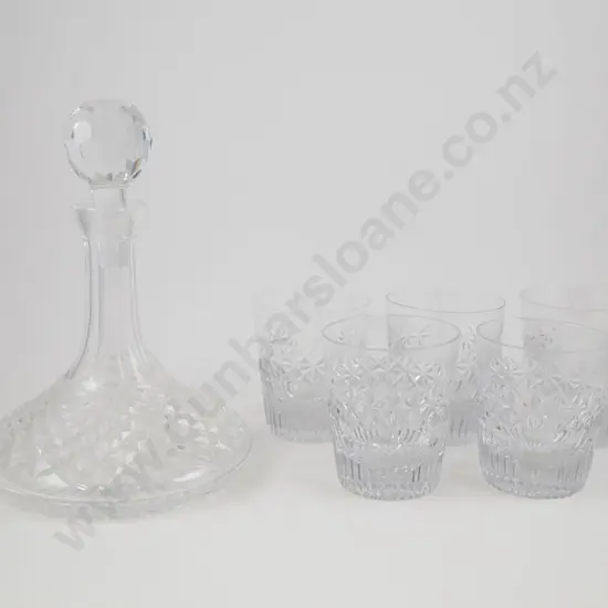 Cut Crystal Ships Decanter & 5 Whisky Tumblers