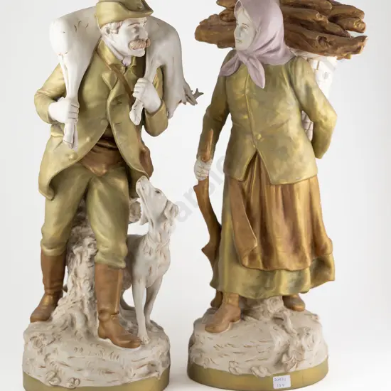 Large & Impressive Pair Of Royal Dux Figures Huntsman With Deer & Faggot Gatherer
