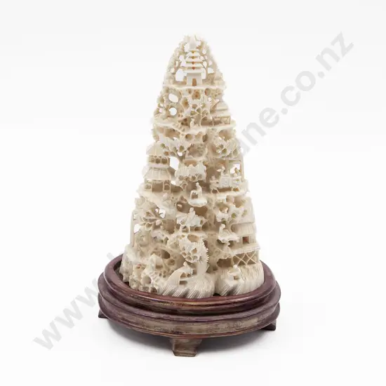 Chinese Carved Ivory Mountain Village on Stand