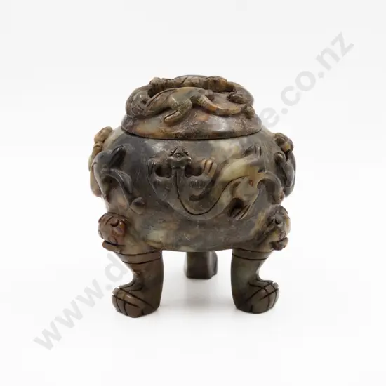 Mottled Soapstone Carved Censor & Cover