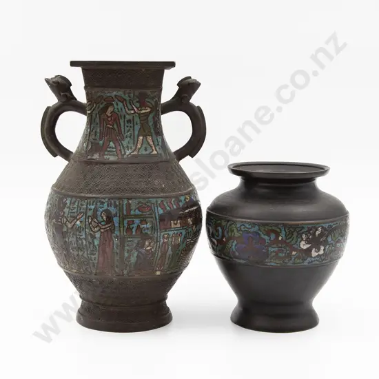 2 C19th Chinese Bronze & Champleve Vases