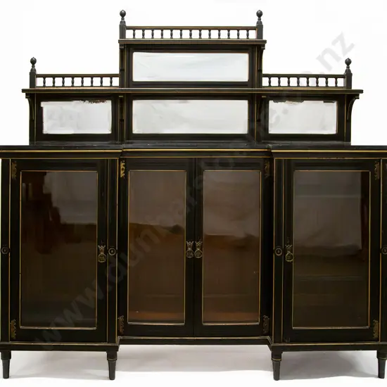 Vict Aesthetic Revival Ebonised & Gilded Inverted Breakfront Mirror Backed Side Cabinet