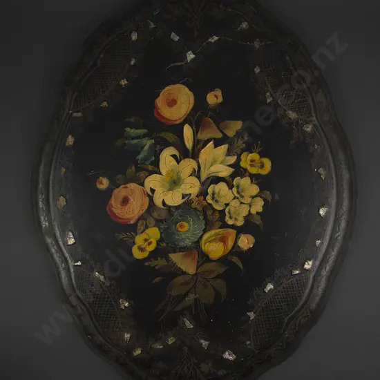 Victorian Floral Painted & MOP Inlaid Papier Mache Table Top