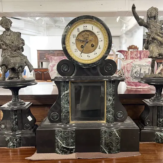 Vict Black Slate & Green Marble Clock Garniture