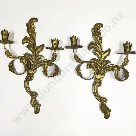 Pair Modern Gilt Metal Two Candle Wall Sconces