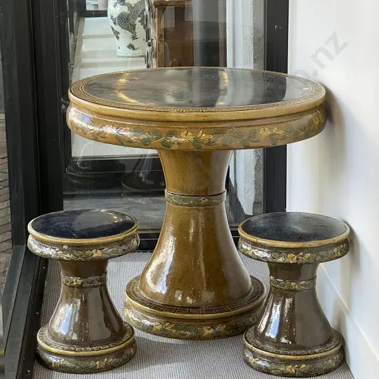 Chinese Glazed Ceramic Circular Conservatory/Patio Table & Two Stools