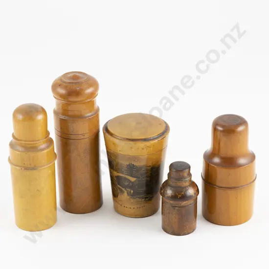 Victorian Mauchline Ware Medicine Glass Case & Four Treen Medicine Containers