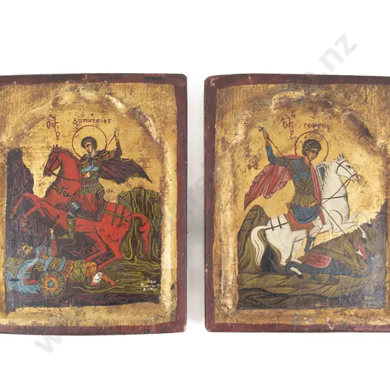 Pair Of Russian Painted Wooden Icons