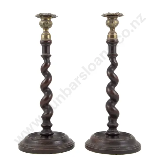 Pair Of Late Vict Walnut Barley Twist Candlesticks