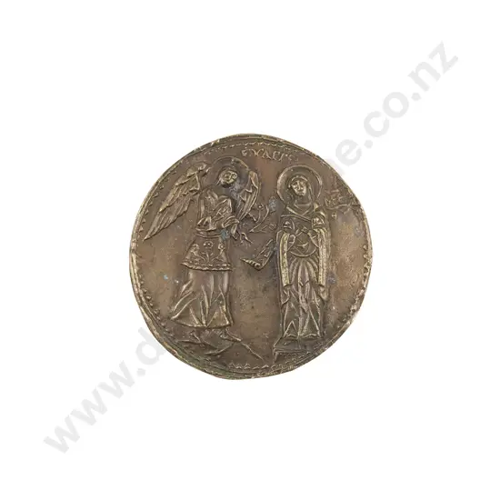 Circular Relief Cast Bronze Plaque Of An Angel & Saint