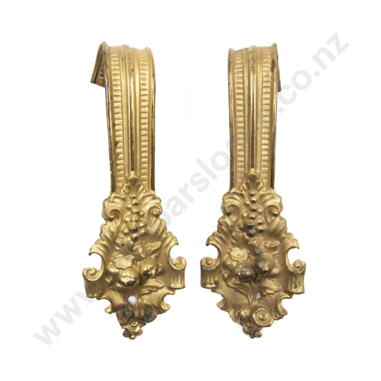Pair Vict Floral & Scroll Embossed Gilt Metal Curtain Tiebacks