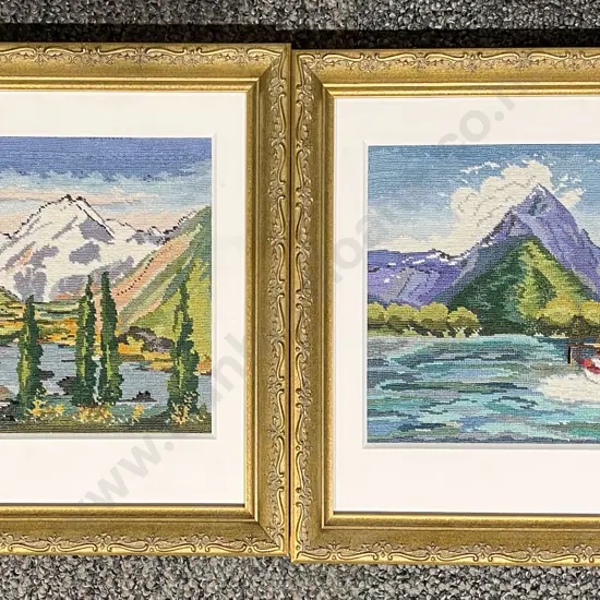 M. L. Cocks - "Mitre Peak"  "Mount Cook" - 2 Petit-Point Embroideries