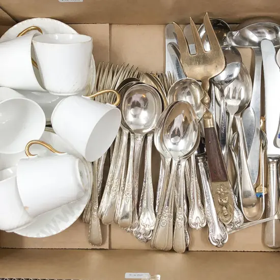 Box of Cutlery and Royal Doulton Cups and Saucers