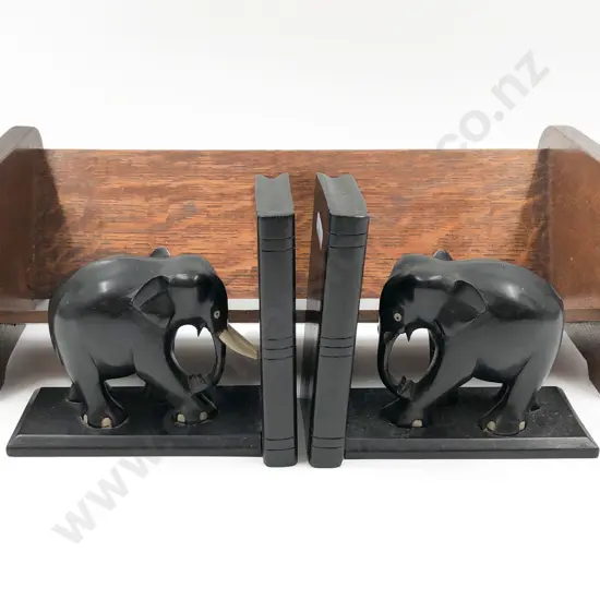 Oak Bookstand and Pair of Ebony Elephant Book Ends