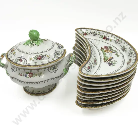 Small Copeland Tureen and Nine Matching Kidney Shaped Side Dishes