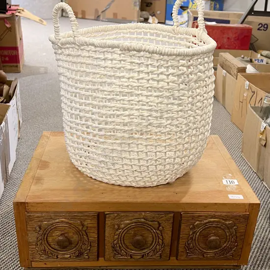 Small Three Drawer Stand with Wall Shelf (borer) and Wicker Basket