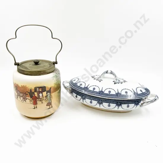Royal Doulton Coaching Days Biscuit Barrel and Blue and White Tureen