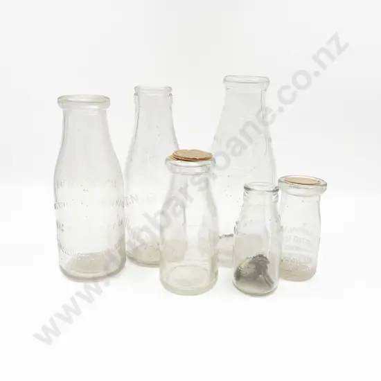 Six Vintage NZ Glass Milk Bottles