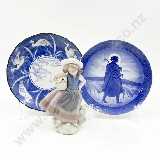 Lladro Figure of a Girl and Two Blue and White Plates