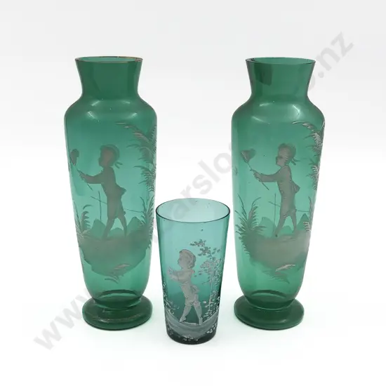 Pair of Mary Gregory Green Glass Vases and Beaker