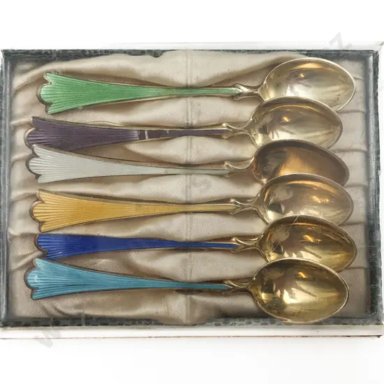 Set of Six Norwegian S/S and Enamel Coffee Spoons