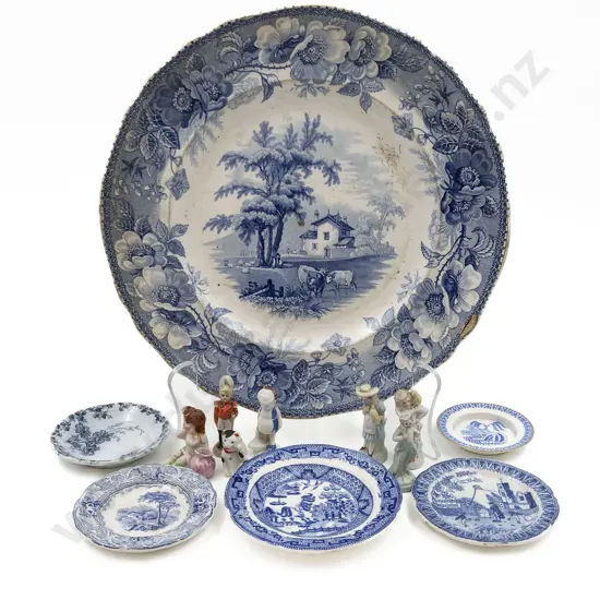Five Blue and White Plates with Seven Miniature Bisque Ornaments