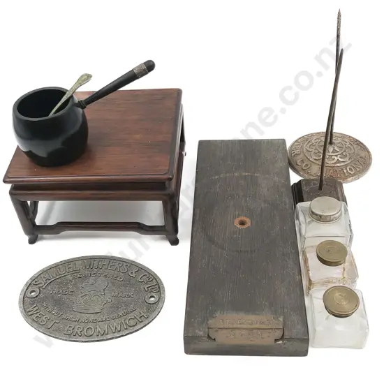 Miniature Chinese Rosewood Table with Three Inkwells and Ebonized Pot Etc