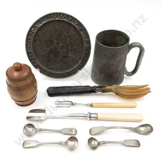 Treen Jar with Tin Dish and Cheese Scoop with Horn Salad Servers Etc