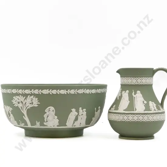 Wedgewood Green Jasperware Fruit Bowl and Jug