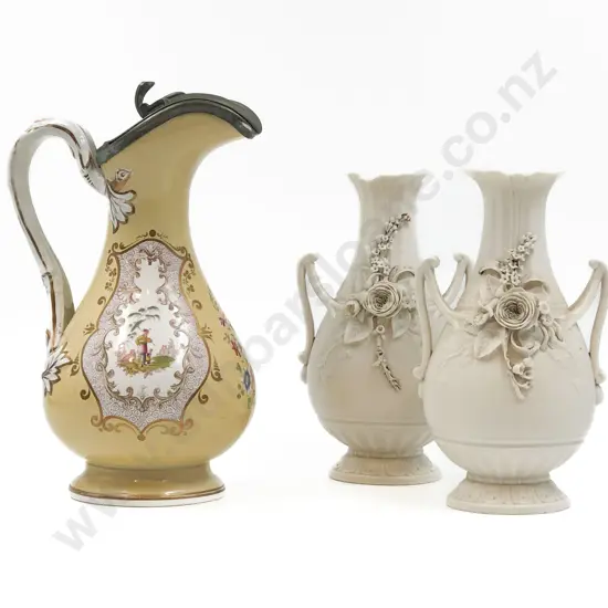 Victorian Staffordshire Jug and Pair Belleek Style Vases