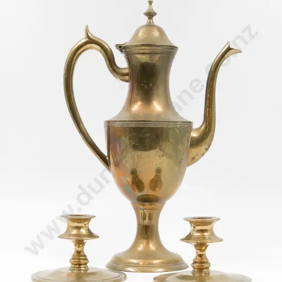 Brass Coffee Pot and Pair Dwarf Candle Sticks