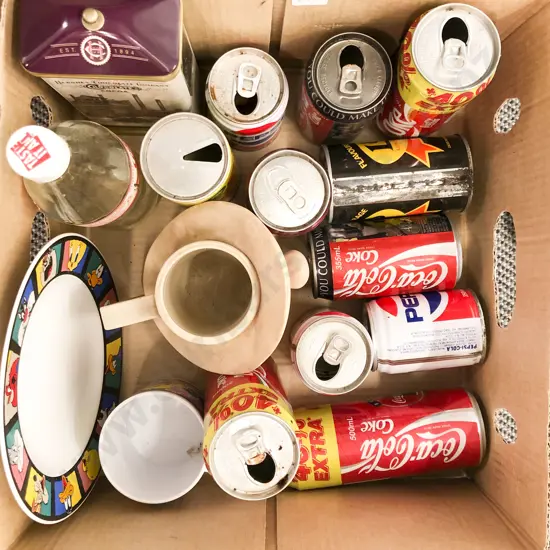Box of Assorted Vintage Including Coke Cans and Bottle etc