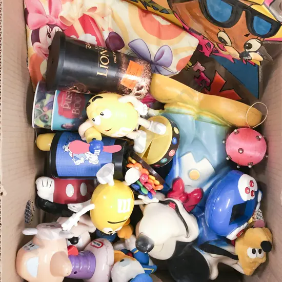 Box of Assorted Vintage and Novelty Toys Including Mickey Mouse and M&Ms