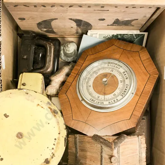 Box of Assorted Vintage Including Barometer